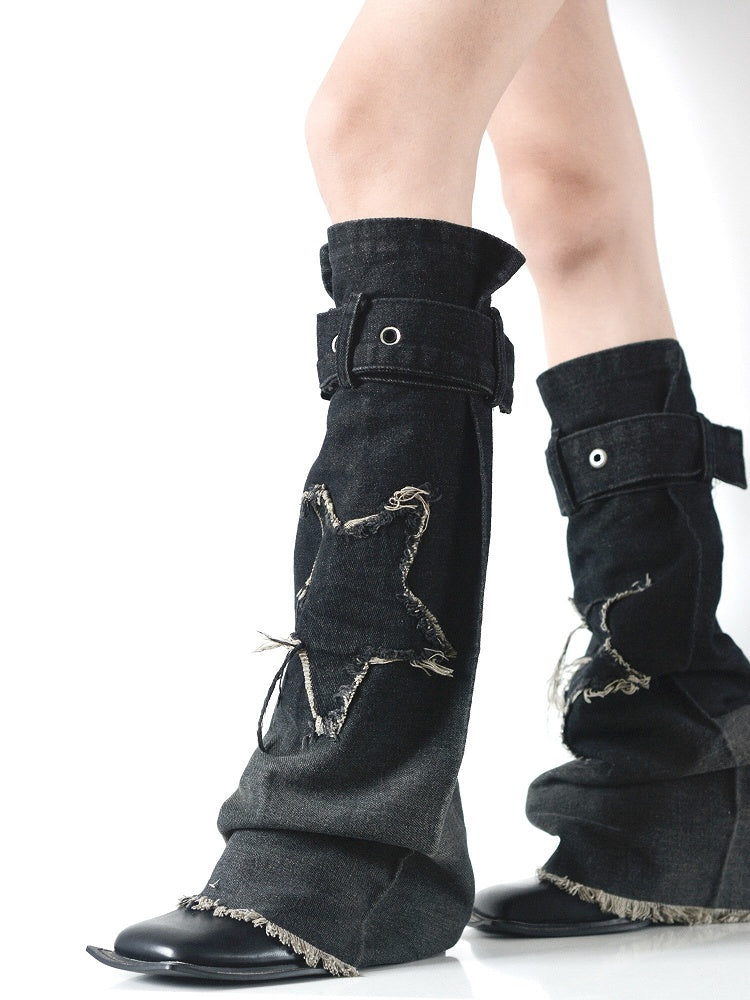 Distressed Buckle Straps Black Applique Leg with Y2K Star Warmers Denim