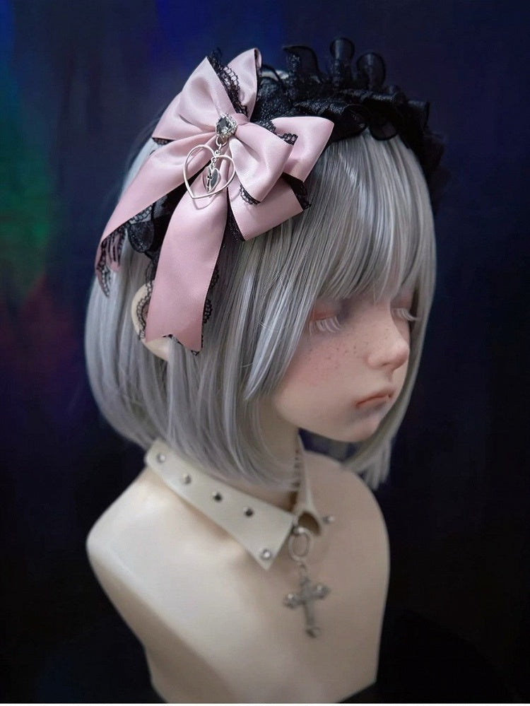 Black and Pink Ruffled Lace KC Bow - Strange Sugar