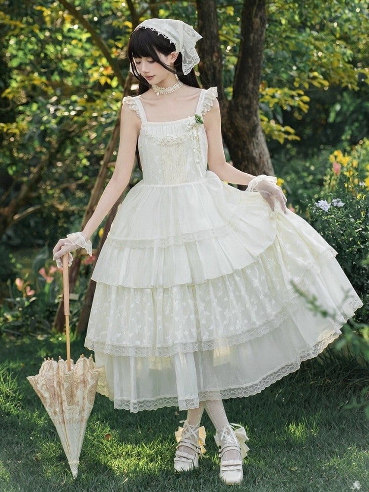 Kleid Schmetterling Creme Spitze JSK Set Lolita Lagen Voll gepatcht
