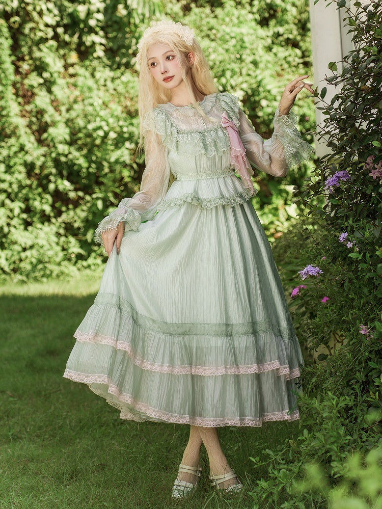 Green Illusion Neckline Blouse with Pink Lace Trim Dress & Brooch - With PUJI