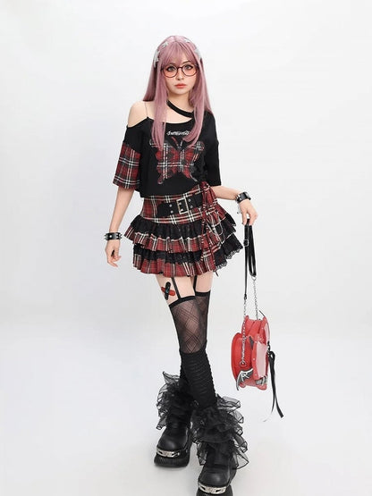 Red Butterfly Applique Black Asymmetrical Neckline T-Shirt Y2K Plaid