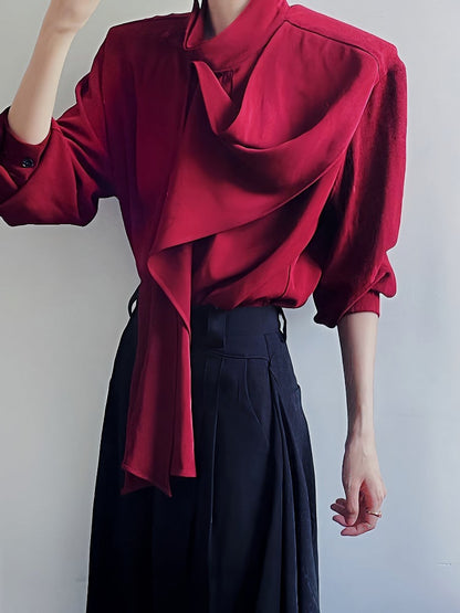 with Red Brooch Shirt and Design Golden Ribbon Leaf-shaped Vintage