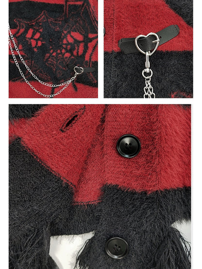 Y2K ブラック＆レッド スパイダーウェブ柄 ディストレストリム Vネック ストライプ セーター バックルストラップ チェーン付き