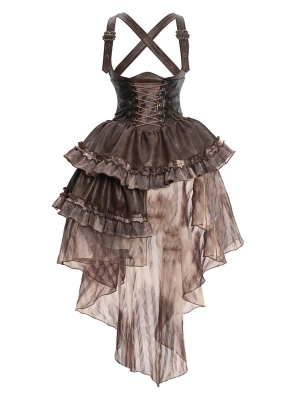 Braunes Steampunk-Overallkleid im Westernstil mit abnehmbarer Schleppe