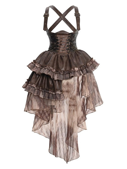 Braunes Steampunk-Overallkleid im Westernstil mit abnehmbarer Schleppe