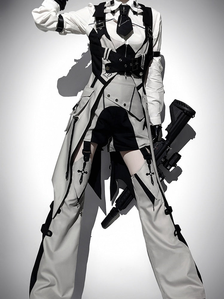 Techwear Style Black and Gray Long Sleeve Outfit with Vest and Shorts - Unknown Star