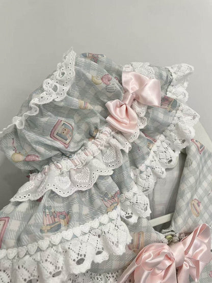 Sweet Peter Hat Lolita Plaid + Pan Print Top Bear Set Collar Skirt Pink Green