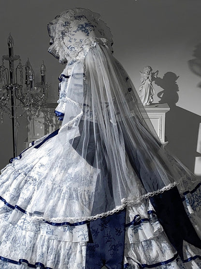 Blue & White Porcelain Print Lace Trim Bonnet with Veil - Sleepless Star