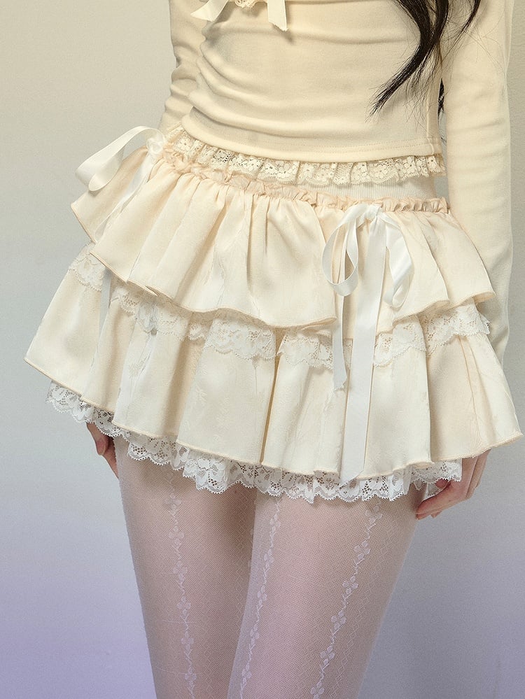 アプリコットリボンアクセントレーストリムティアードミニスカート