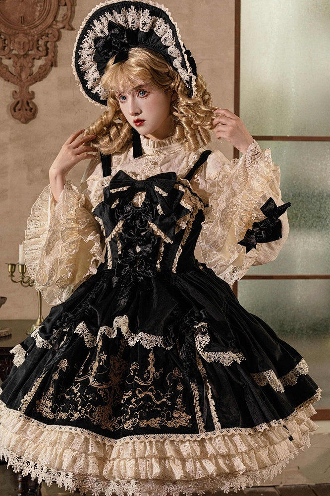 Schwarzes Lolita-Kleid mit Kerzenschleifen und Samt JSK / Dekorationsstickerei