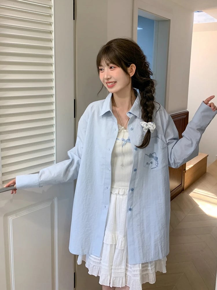 Back Shirt Kitty Embroidery on Pocket Kitty-shaped Detail Blue/Pink Loose Cutout