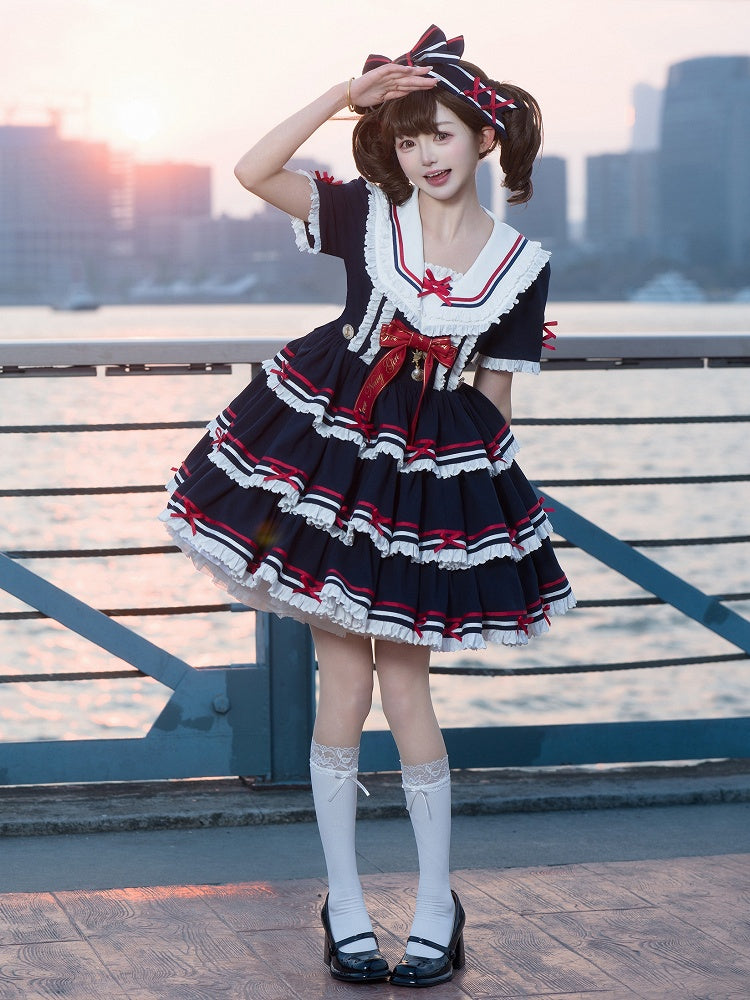 Matrosen-Set Lolita Navy Sommerkleid Rock Full OP Navycore Tiered Blue