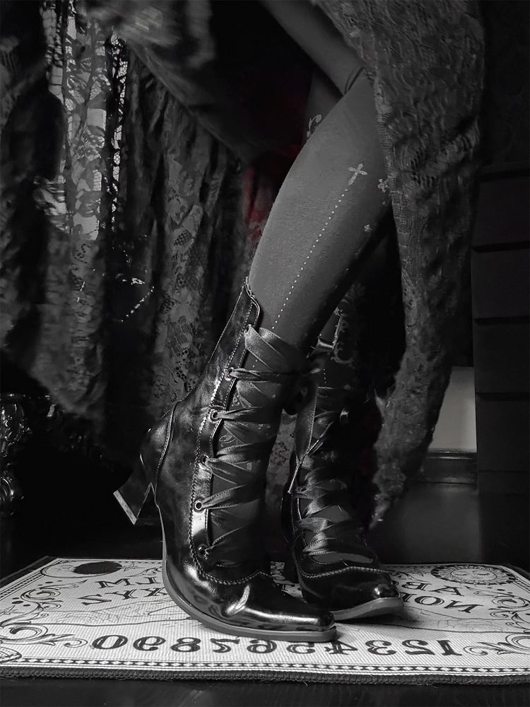 Polished Gothic Pointed-Toe Boots, Lace-Up & Back Zip, Black - EvilStar