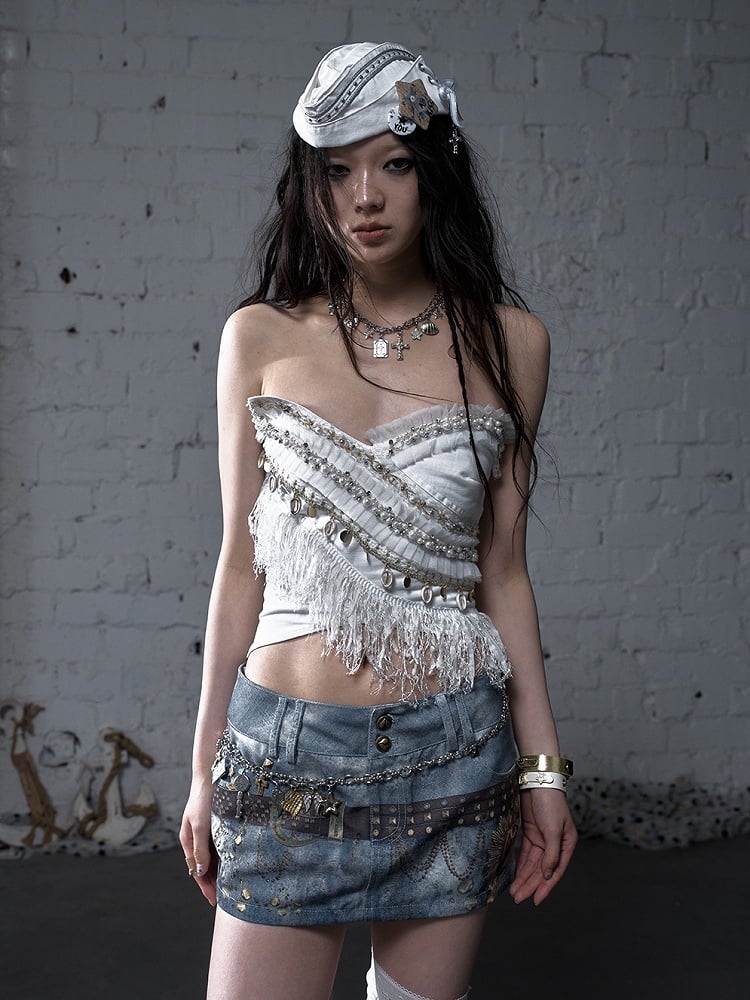 Black/White Crossover Design Bead Hem Details Fringe Baroque