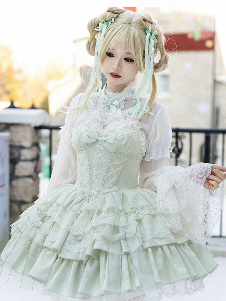 Light Green Boned Corset Waist Layered Dress Balletcore Lolita Jumper Skirt
