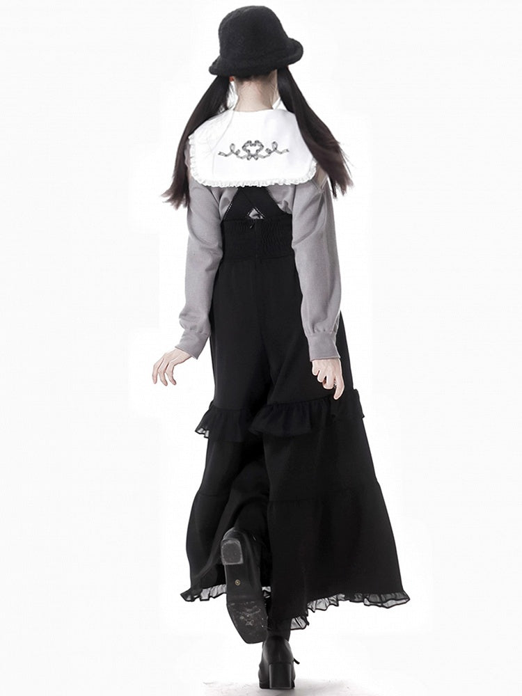 Black Lace Details Ruffle Trim Overall Pants