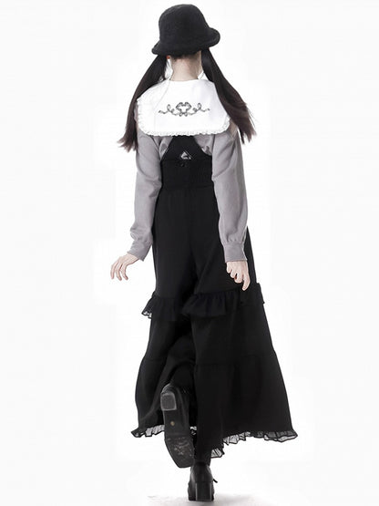 Black Lace Details Ruffle Trim Overall Pants