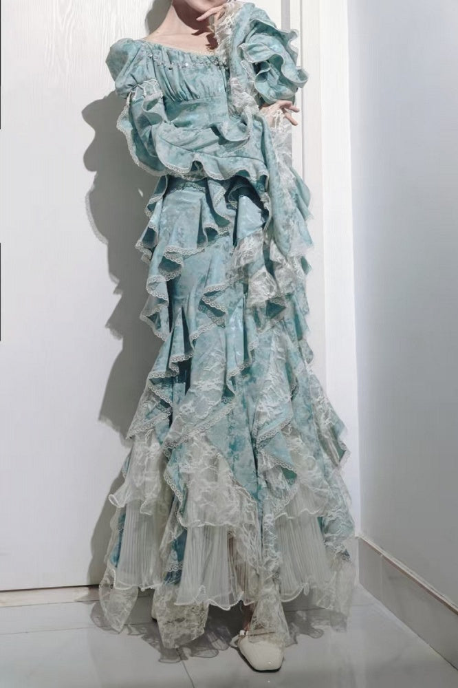Long Ruffles Light Sleeves Boned Mermaid Dress Blue Waist Cascading Lolita