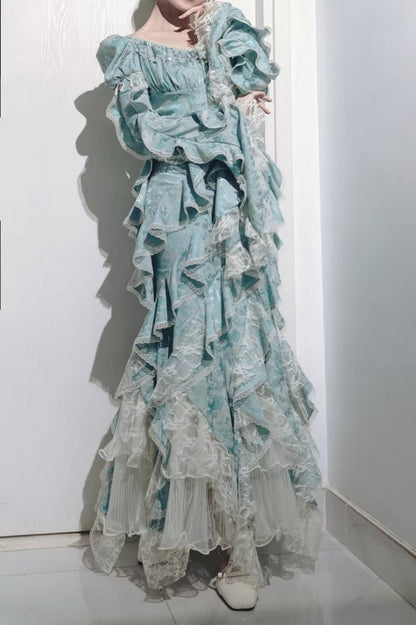Long Ruffles Light Sleeves Boned Mermaid Dress Blue Waist Cascading Lolita