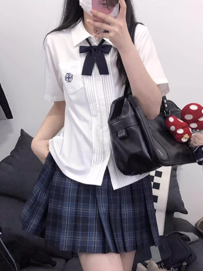 Pleating Style Embroidery Floral Details Sleeves White/Blue Short Preppy Version Shirt