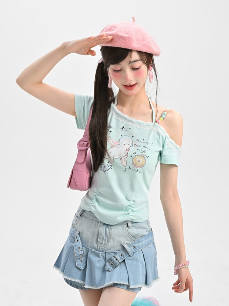 Y2K Adorable Lamb Print Mint Green Asymmetrical Neckline T-Shirt
