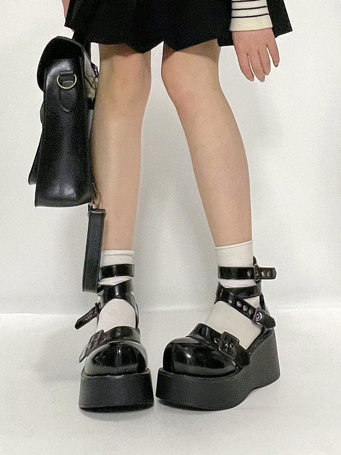 Punk Black Platform Crisscross Shoes Details Design with Studs