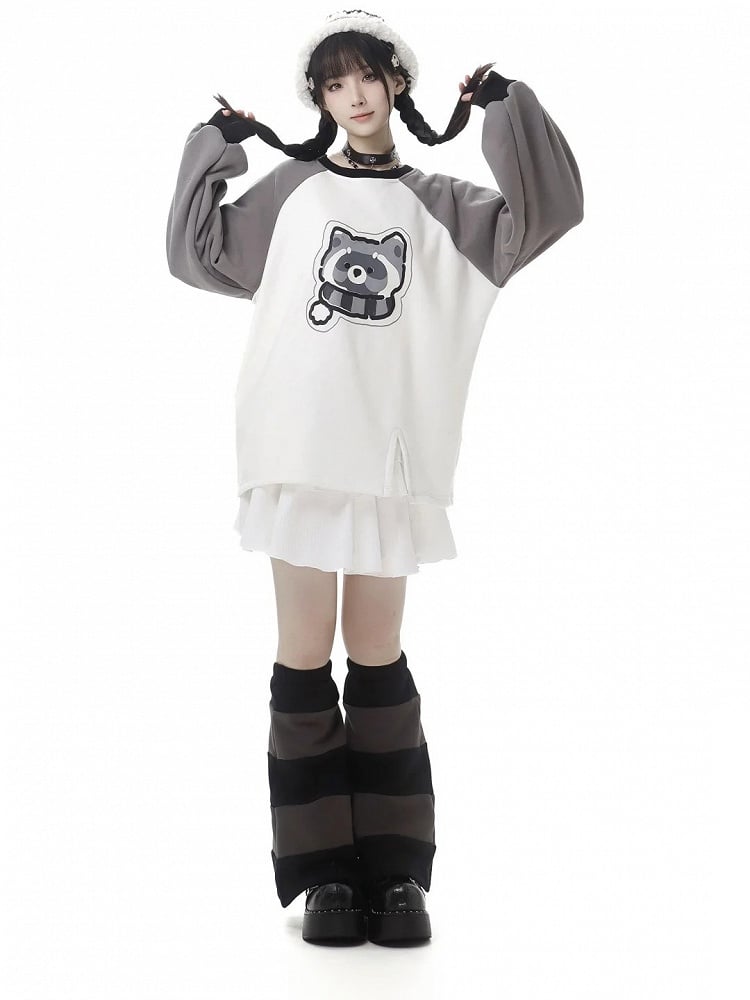 with White Print Gray Adorable Colorblock Raccoon Sweatshirt