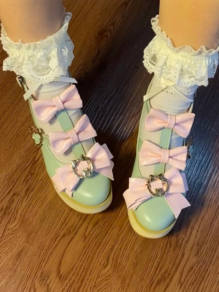 Pink Snap - Green Lolita Toe Pointed Bow Accents Ornate Hime Platforms Design