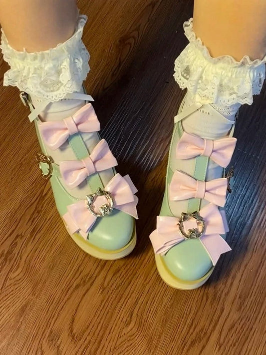 Pink Snap - Green Lolita Toe Pointed Bow Accents Ornate Hime Platforms Design