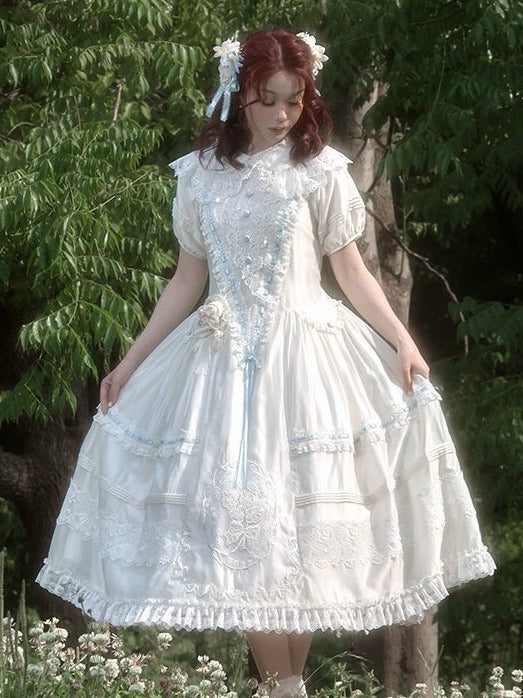 White Peter Pan Collar Lolita Long Dress with Lace and Embroidery