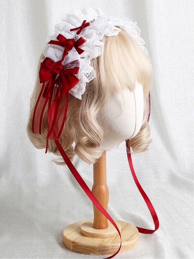 Hairband Ruffled Bow Red Sweet Lace