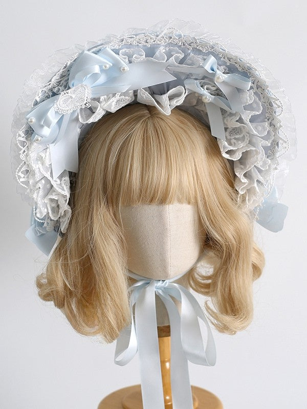 Lace Bowknot Details Clips Sweet Lolita Decorated Beaded Bonnet With Light Trim Blue