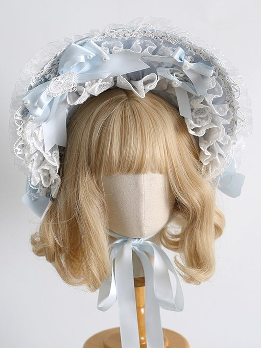 Lace Bowknot Details Clips Sweet Lolita Decorated Beaded Bonnet With Light Trim Blue