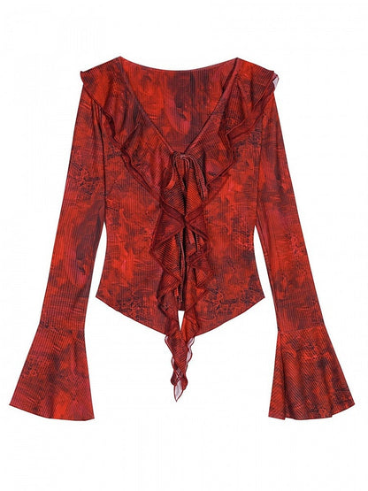 Ruffled Bell Sleeve Red Floral Pattern V-Neck Top