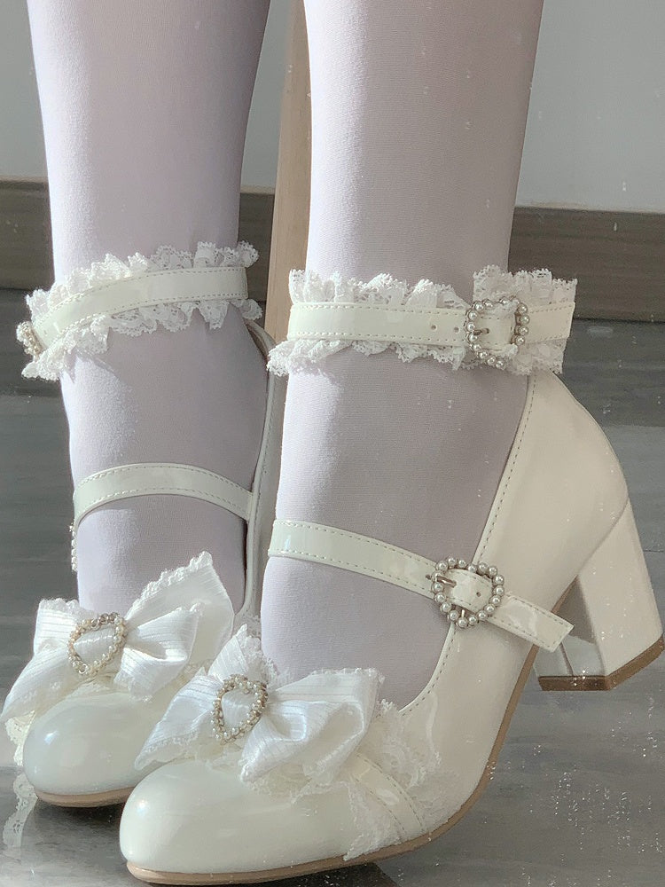 White Lace Mid-heel and Lolita Trim Bow Shoes Accents with Sweet