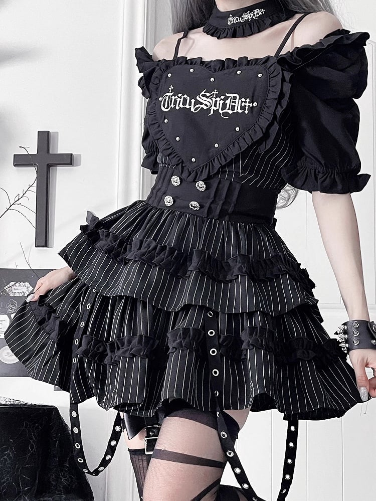 Stripes Dress with Puff Black Sleeve White Patch Gothic Studded Heart Short