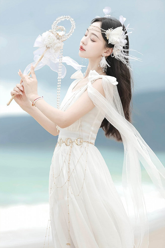 White Greek-inspired Lolita Flowing Bow Shoulders Maxi Dress with Gold Chains - Xiong Dou Jiang