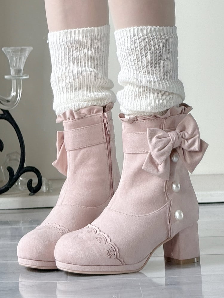Elegant Lolita Decor Ankle Heel - with Collar Ruffle Mid Pink Boots Bead