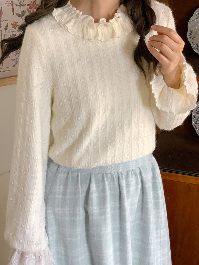 Beige Ruffle Neckline Long-Sleeve Top
