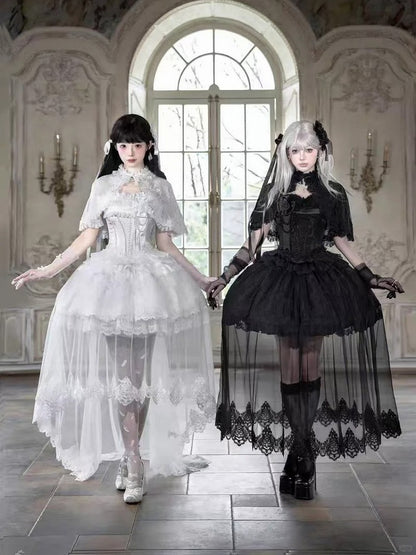 Black Lolita Dress Set with Basque Waist and Lace-Up - Airfreeing