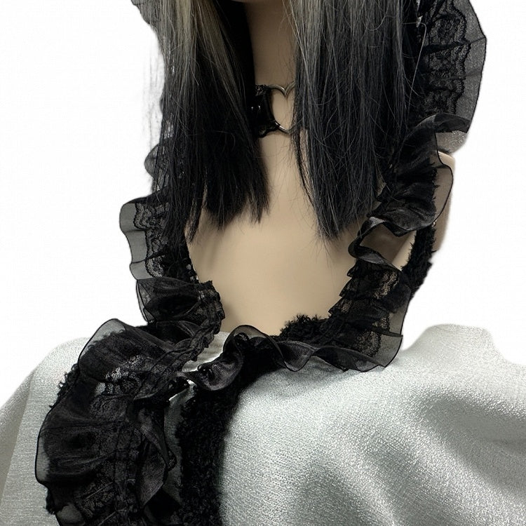 Y2K ブラッククロスアップリケ レーストリム パンクニット帽