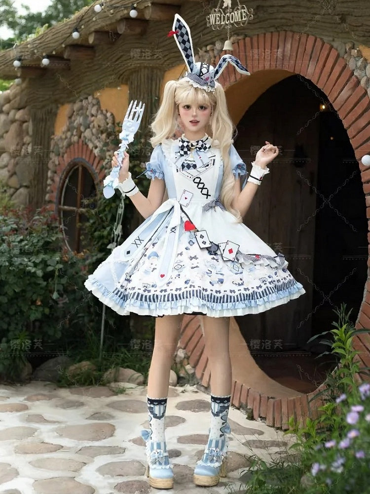 Sweet Lolita Apron Dress OP Full Set with Bunny & Teapot Print in Blue - Ying Luo Fu