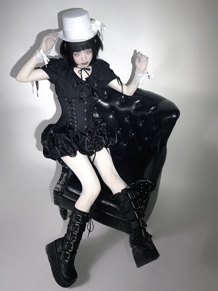 Gothic Layered Neckline Lolita Black with Waist Ruffles Blouse Elastic Smocked