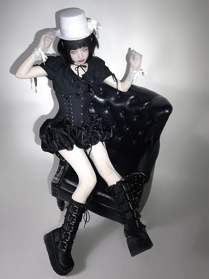 Gothic Layered Neckline Lolita Black with Waist Ruffles Blouse Elastic Smocked