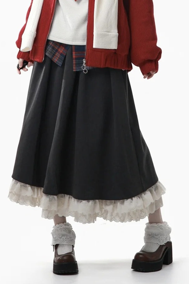 with Ruffle Tiered Waist Gray Hem Skirt Kawaii Elastic Daily