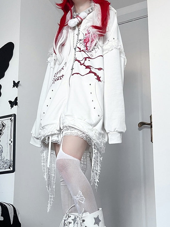 グロ猫プリントのハート型ジップアップ＆耳付きパーカー ホワイトレター かわいいスタッズ