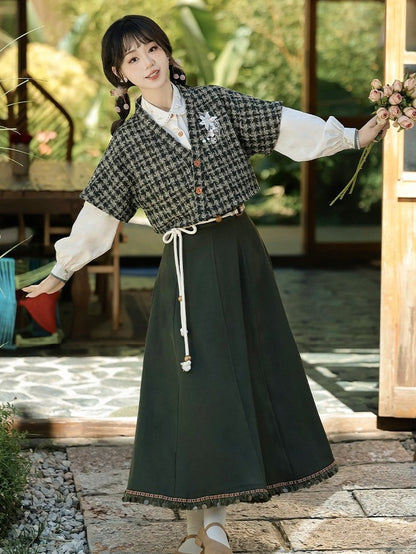 Floral Embroidered Plaid Top in Dark Green with White Blouse and Skirt Ensemble - Han Ru Chu Hanfu & Han-Element Studi