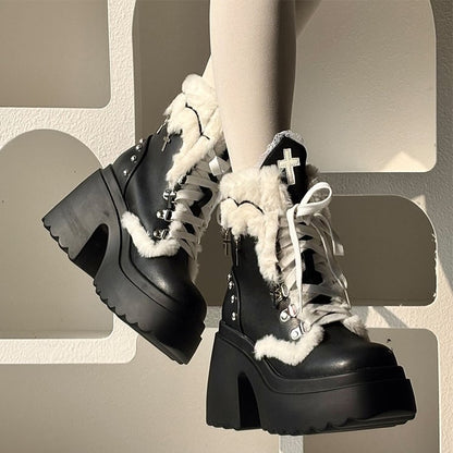 Punk Ankle with High Charm Cross Block Cuff Studded Heel Details Boots Plush Black Platform -