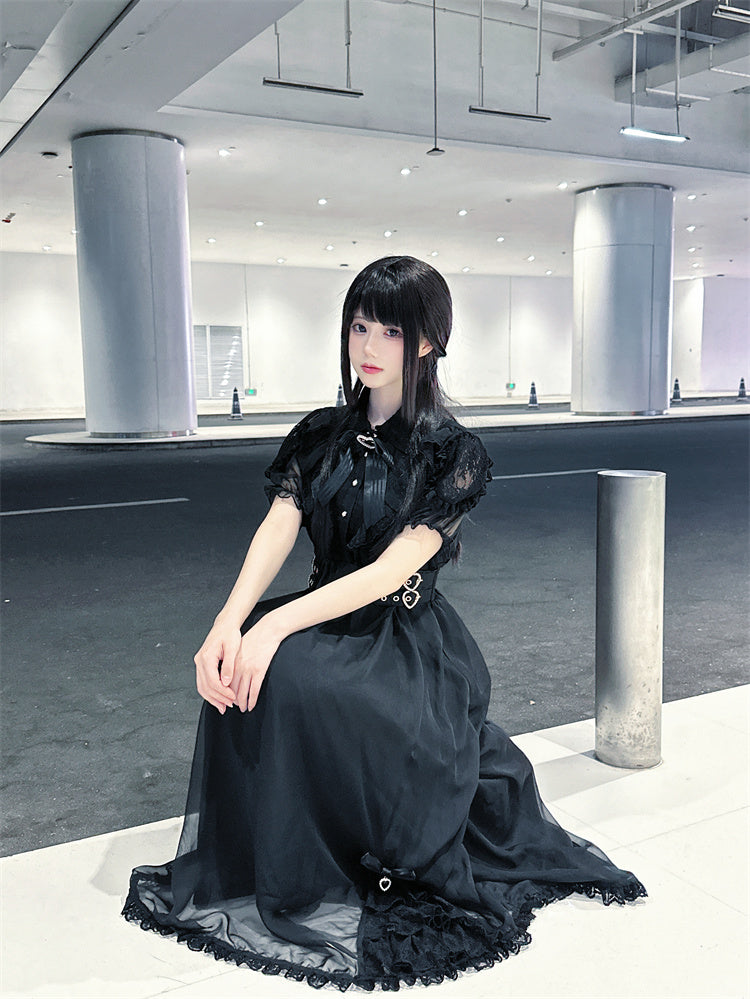 Hem Ruffles Tiered Dress Jirai Kei Black Chiffon Heart Buckles Waist