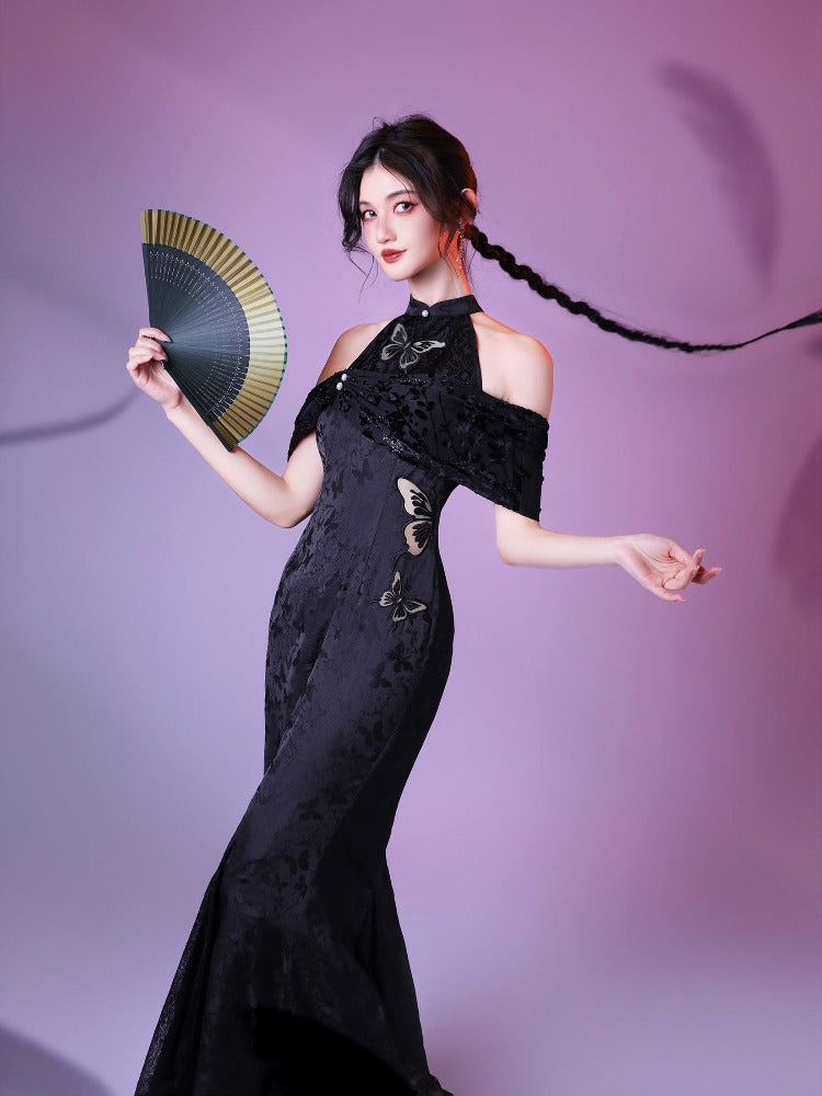 Classic Cheongsam Fish Tail Long Dress with Butterfly Cutout & Jacquard - sijinstudio